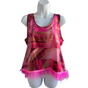 ZAHJR Feather Tank Top In Bright Fuchsia Color Abstract Printed In Size S